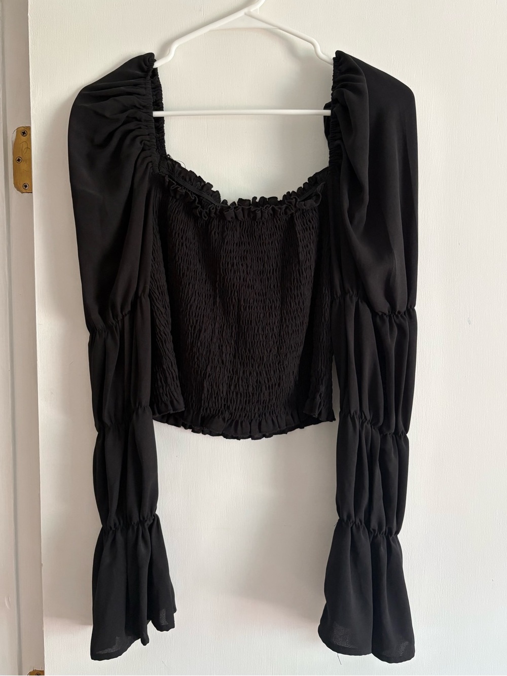 SHEIN Black Smocked Square Neck Long Sleeve Peasant Top